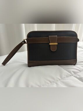 Dunhill Charcoal & Brown Leather-Trim Wristlet/Clutch/Pouch.
